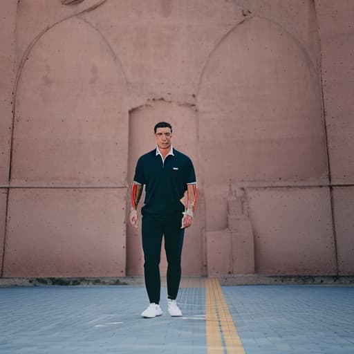 analog style Ronaldo in Barcelona shirt With a football field background hyperrealistic, full body, detailed clothing, highly detailed, cinematic lighting, stunningly beautiful, intricate, sharp focus, f/1. 8, 85mm, (centered image composition), (professionally color graded), ((bright soft diffused light)), volumetric fog, trending on instagram, trending on tumblr, HDR 4K, 8K