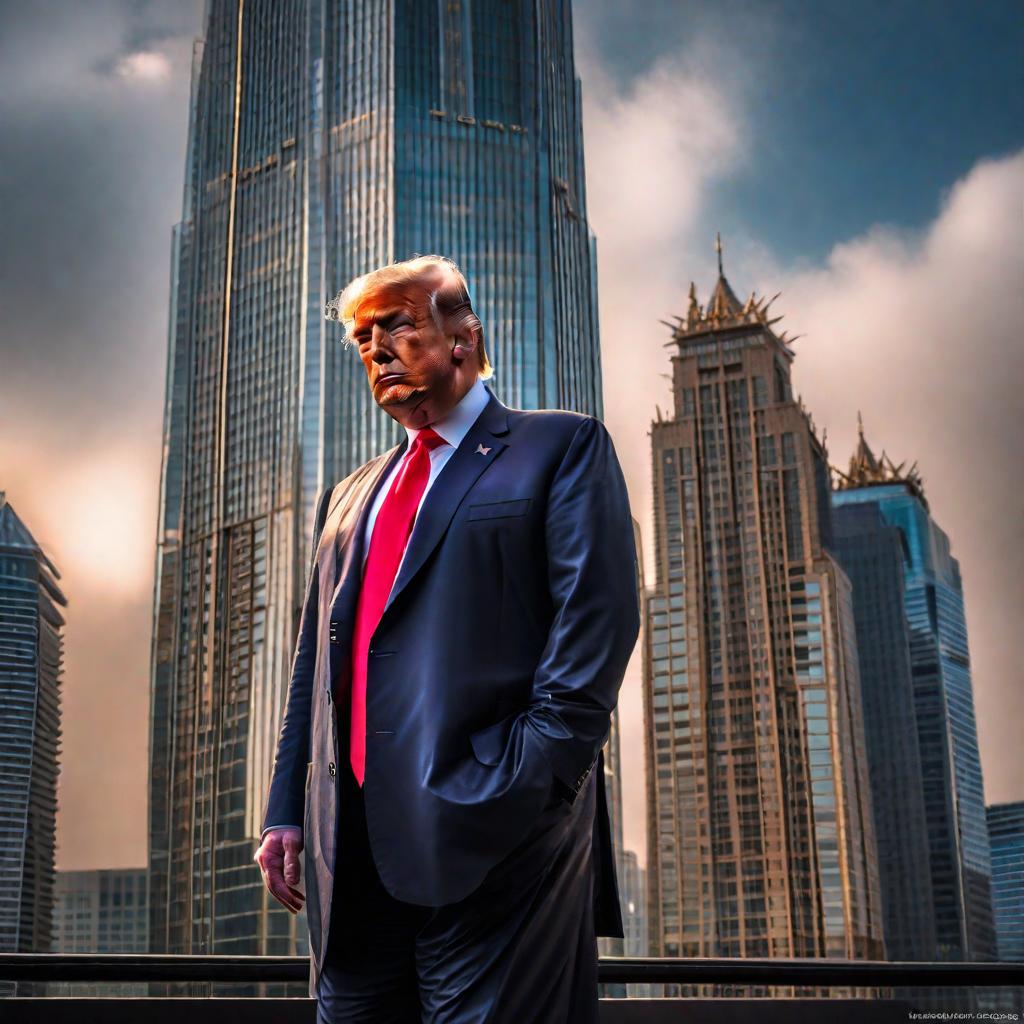  trump in front of sani tower hyperrealistic, full body, detailed clothing, highly detailed, cinematic lighting, stunningly beautiful, intricate, sharp focus, f/1. 8, 85mm, (centered image composition), (professionally color graded), ((bright soft diffused light)), volumetric fog, trending on instagram, trending on tumblr, HDR 4K, 8K