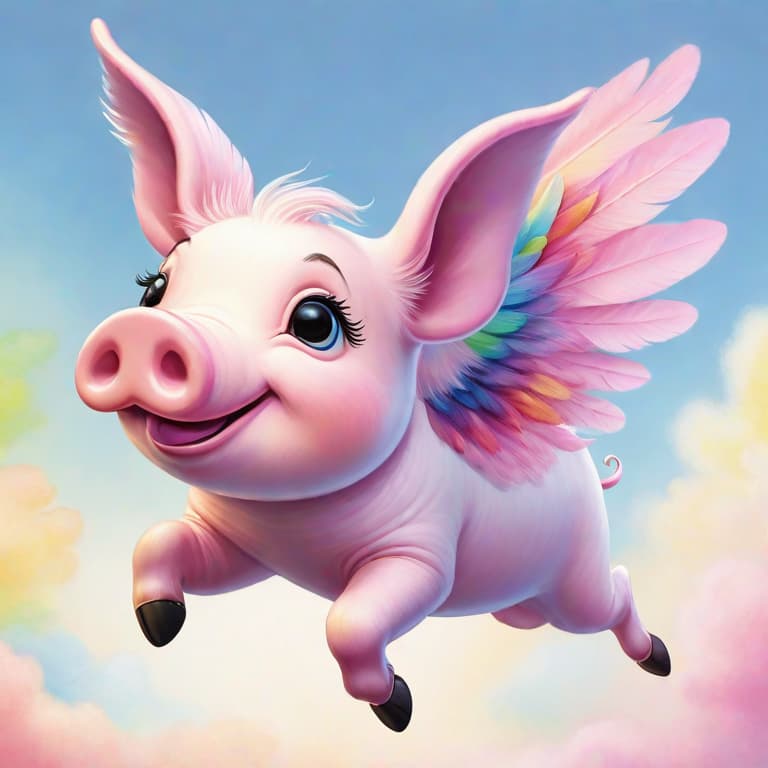  Subject Detail: The image depicts a whimsical flying pig with vibrant rainbow-colored wings gracefully outstretched. The pig has a rounded body, covered in soft, pale pink fur. It has a friendly expression on its face, with a small snout, beady black eyes, and a cheerful smile. The wings are large and feathery, each feather showcasing a different color of the rainbow - from vibrant red to bright orange, sunny yellow, lush green, tranquil blue, deep indigo, and finally, velvety violet. The wingspan is impressive, giving the pig a majestic appearance. 

Medium: This artwork is a digital illustration created using graphic design software.

Art Style: The art style is a blend of whimsical and surrealistic elements. The pig's proportions are sli