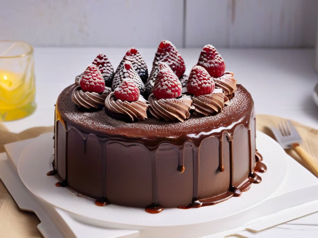  A closeup, photorealistic image of a decadent chocolate cake with rich, glossy ganache dripping down the sides. The cake is topped with fresh raspberries and mint leaves, set on a sleek, modern white platter against a soft focus background of a bustling kitchen filled with baking ingredients and utensils. The lighting is warm and inviting, showcasing the intricate details of the cake's texture and the vibrant colors of the toppings. hyperrealistic, full body, detailed clothing, highly detailed, cinematic lighting, stunningly beautiful, intricate, sharp focus, f/1. 8, 85mm, (centered image composition), (professionally color graded), ((bright soft diffused light)), volumetric fog, trending on instagram, trending on tumblr, HDR 4K, 8K