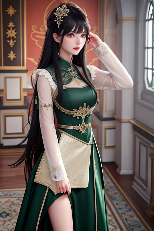  A young with bangs, long black hair, green eyes, a neutral expression, wearing a flat gothic dress with red trim, holding green energy in her hand, stood in the middle of a castle at night. hyperrealistic, full body, detailed clothing, highly detailed, cinematic lighting, stunningly beautiful, intricate, sharp focus, f/1. 8, 85mm, (centered image composition), (professionally color graded), ((bright soft diffused light)), volumetric fog, trending on instagram, trending on tumblr, HDR 4K, 8K