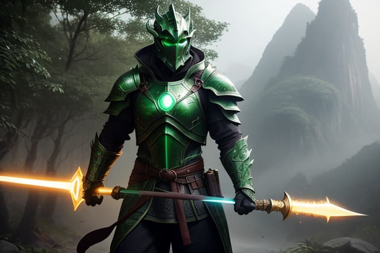  a cinematic shot of a dragon warrior and holding a green glowing spear and a shield, fantasy jungle in background, reflective light, hkstyle, HD, masterpiece, best quality, hyper detailed, ultra detailed, super realistic hyperrealistic, full body, detailed clothing, highly detailed, cinematic lighting, stunningly beautiful, intricate, sharp focus, f/1. 8, 85mm, (centered image composition), (professionally color graded), ((bright soft diffused light)), volumetric fog, trending on instagram, trending on tumblr, HDR 4K, 8K