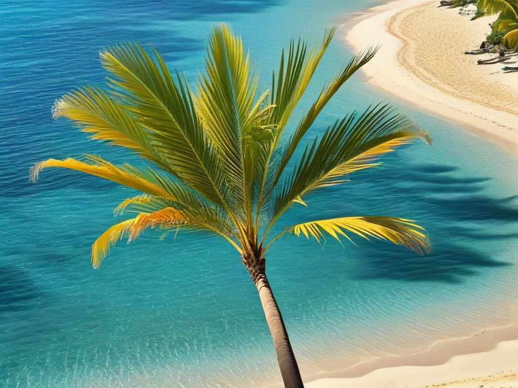  An ultradetailed closeup image of a single coconut palm tree with lush green fronds gently swaying in the wind against a clear blue sky. The sunlight filters through the leaves, casting intricate shadows on the smooth, golden sand below. The focus is on the intricate pattern of the palm leaves and the vibrant colors of nature, evoking a sense of tranquility and sustainability. hyperrealistic, full body, detailed clothing, highly detailed, cinematic lighting, stunningly beautiful, intricate, sharp focus, f/1. 8, 85mm, (centered image composition), (professionally color graded), ((bright soft diffused light)), volumetric fog, trending on instagram, trending on tumblr, HDR 4K, 8K