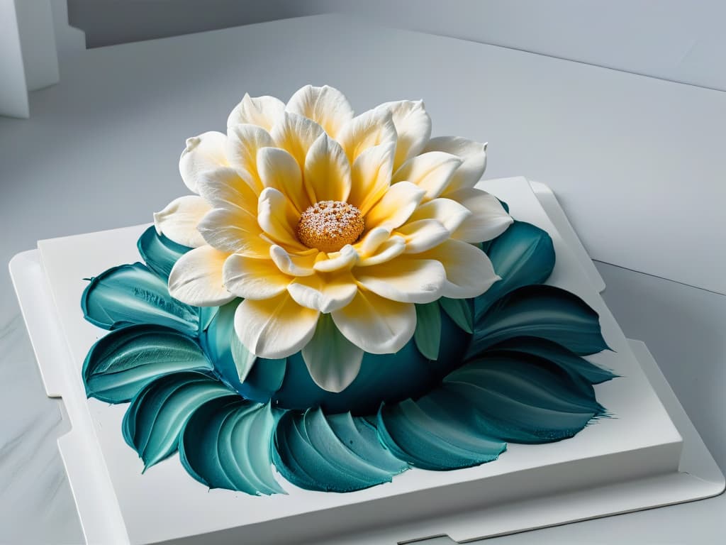  An 8k ultradetailed image of a delicate sugar sculpture in the shape of a blooming flower, intricately colored with edible paints to highlight each petal's gradient and intricate details. The sculpture sits on a pristine white marble surface, casting a soft shadow beneath it, with tiny flecks of edible gold leaf delicately adorning the edges of the petals, adding a touch of elegance and sophistication to the overall composition. The vibrant colors of the edible paints used create a mesmerizing visual feast for the eyes, showcasing the artistry and skill involved in coloring sugar sculptures. hyperrealistic, full body, detailed clothing, highly detailed, cinematic lighting, stunningly beautiful, intricate, sharp focus, f/1. 8, 85mm, (centered image composition), (professionally color graded), ((bright soft diffused light)), volumetric fog, trending on instagram, trending on tumblr, HDR 4K, 8K