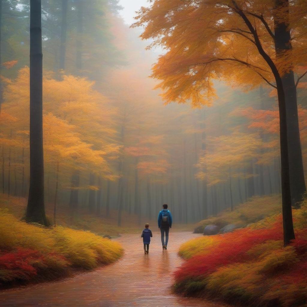  Night, rainy, windy, autumn forest, and in the middle of the picture a small light is barely glowing, near which a little boy and a girl in the style of anime are sitting