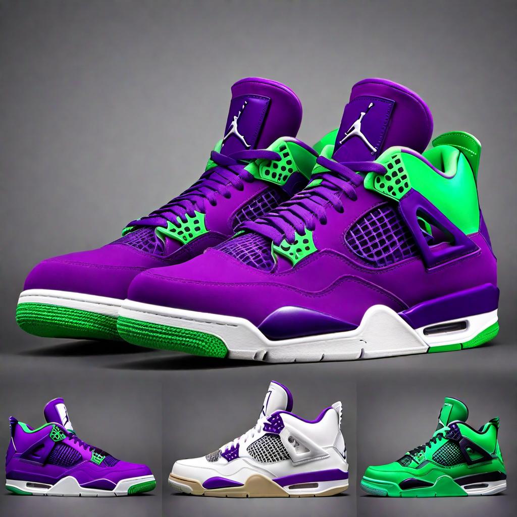  Create a set of five images featuring purple Air Jordan 4 sneakers with the following details: 1. Sneakers should be a deep purple color with a green mesh netting. 2. The iconic Jordan logo must be visible and green in color. 3. Each image should have a different angle or perspective to showcase the design elements of the shoe: - A side view showing the profile of the sneaker. - A 3/4 view highlighting the front and side. - A top-down view showcasing the laces and upper design. - A rear view highlighting the heel and Jordan logo. - A close-up on the details like the lace holders and texture of the materials. 4. The sneakers should be set against a clean, neutral background to ensure the focus remains on the shoes. 5. Emphasiz hyperrealistic, full body, detailed clothing, highly detailed, cinematic lighting, stunningly beautiful, intricate, sharp focus, f/1. 8, 85mm, (centered image composition), (professionally color graded), ((bright soft diffused light)), volumetric fog, trending on instagram, trending on tumblr, HDR 4K, 8K