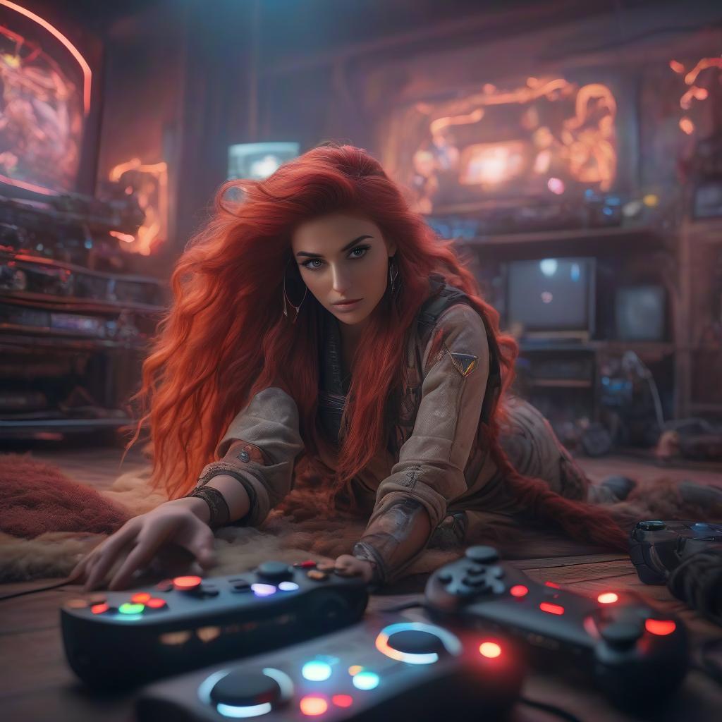  cinematic photo Spine, girl, long red hair, playing a video game, on the floor, gamepad in hand. . 35mm photograph, film, bokeh, professional, 4k, highly detailed hyperrealistic, full body, detailed clothing, highly detailed, cinematic lighting, stunningly beautiful, intricate, sharp focus, f/1. 8, 85mm, (centered image composition), (professionally color graded), ((bright soft diffused light)), volumetric fog, trending on instagram, trending on tumblr, HDR 4K, 8K