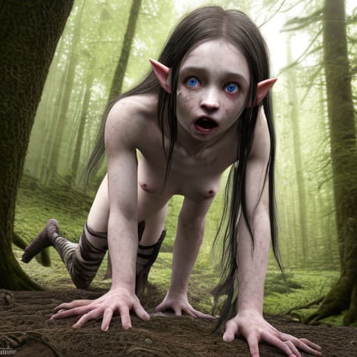 photorealistic, x rated, eating flesh, cute, pale, young, nude, bloody female hybrid creature, long tongue, bottom half deer body top half elf, silver and black highlights mixed hair, glowing blue eyes, freckles, bent over dead body eating human remains in the forest, showing sharp bloody teeth, nice legs, nice breasts, perfect nipples, clear facial features, medium long shot, realistic human skin, 8k uhd, photorealistic, high resolution, perfect shape, perfect facial features and body, serene eyes, gentle eyebrows, sharp focus, high resolution professional super resolution full length photo, LED background lights, 4k uhd, perfectly detailed symmetrical face, anatomically correct body, perfect human hands, f/1.4, 15mm,