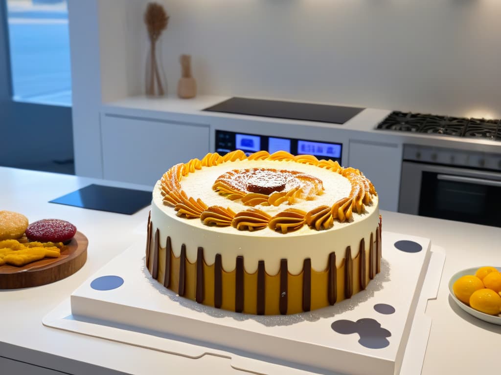  An ultradetailed 8k image of a sleek, modern kitchen counter with a variety of hightech augmented reality gadgets seamlessly integrated into the space. The gadgets include AR glasses displaying intricate cake decorating techniques, a holographic display projecting stepbystep baking instructions, and a futuristic AR oven showcasing temperature settings and timer countdowns. The overall aesthetic is clean, minimalist, and professional, emphasizing the seamless fusion of technology and culinary artistry. hyperrealistic, full body, detailed clothing, highly detailed, cinematic lighting, stunningly beautiful, intricate, sharp focus, f/1. 8, 85mm, (centered image composition), (professionally color graded), ((bright soft diffused light)), volumetric fog, trending on instagram, trending on tumblr, HDR 4K, 8K