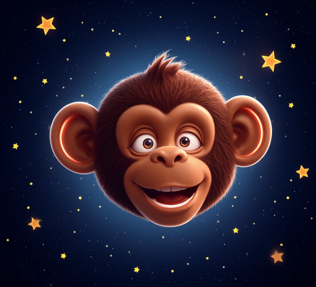  good quality, high quality, neon monkey face with bright eyes, floating through a whimsical starry sky, curious and lively