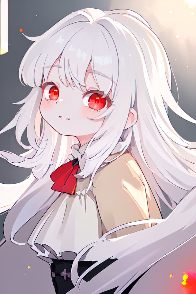  ultra detailed:1.2masterpiece:1.2,best quality,masterpiece,bestquality,hdr:1.1,8k:1.1,very cute girl:1.3,white hair:1.3,very long hair,volume hair:0.7,flare hair:1.2,curly hair:1.4,red eyes,bad mood:1.3,sleepy eyes:1.2,closed mouth:1.3,upper body:1.3,dutch angle,half closed eyes:1.8,sulking:1.6,bored:1.3,upper body:1.1,from side,from above ,grin:0.6,looking viewer