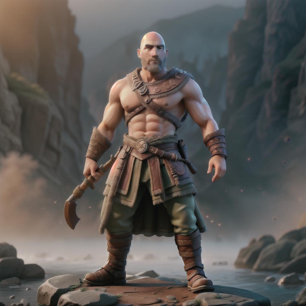  God of war hyperrealistic, full body, detailed clothing, highly detailed, cinematic lighting, stunningly beautiful, intricate, sharp focus, f/1. 8, 85mm, (centered image composition), (professionally color graded), ((bright soft diffused light)), volumetric fog, trending on instagram, trending on tumblr, HDR 4K, 8K