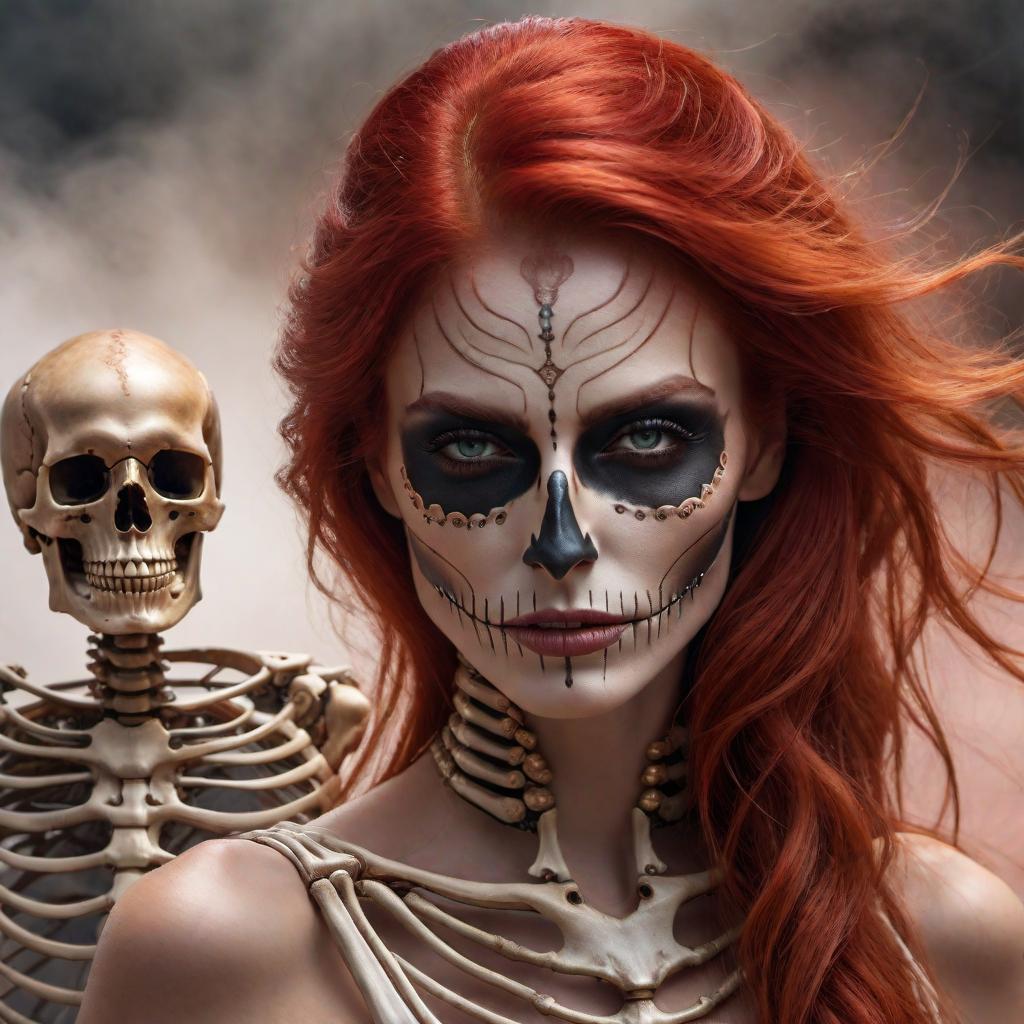  A skeleton metamorphosing into a beautiful red-haired woman. The image shows a transformation where the skeleton is progressively taking on flesh and features of a woman, with flowing red hair. The metamorphosis should be elegant and magical, reflecting a fantasy theme. hyperrealistic, full body, detailed clothing, highly detailed, cinematic lighting, stunningly beautiful, intricate, sharp focus, f/1. 8, 85mm, (centered image composition), (professionally color graded), ((bright soft diffused light)), volumetric fog, trending on instagram, trending on tumblr, HDR 4K, 8K