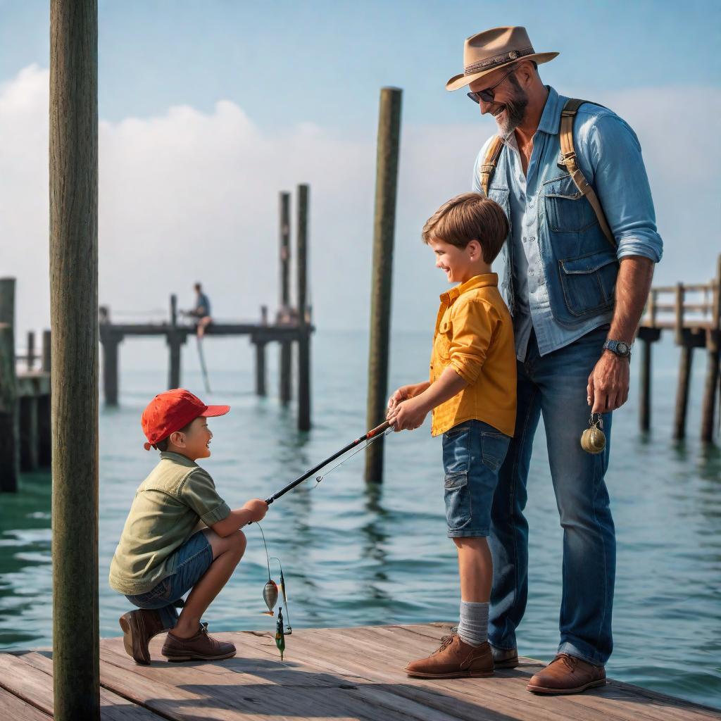  A father with his young son fishing for the first time off the pier. The scene is cheerful and heartwarming with clear skies and calm waters. The father is showing the son how to cast the line, both are smiling and enjoying the bonding moment. There's a fishing rod, a small bucket for fish, and they're wearing casual fishing attire. hyperrealistic, full body, detailed clothing, highly detailed, cinematic lighting, stunningly beautiful, intricate, sharp focus, f/1. 8, 85mm, (centered image composition), (professionally color graded), ((bright soft diffused light)), volumetric fog, trending on instagram, trending on tumblr, HDR 4K, 8K