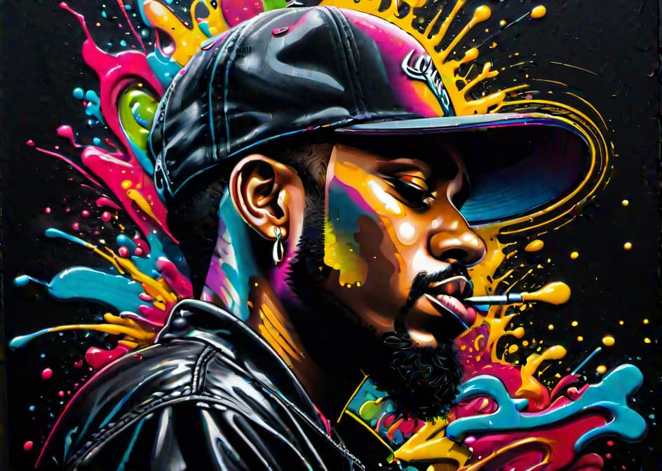  graffiti art, splash art, street art, spray paint, oil gouache melting, acrylic, high contrast, black background, close-up portrait of lowrider, colorful polychromatic, ultra detailed, ultra quality, CGSociety hyperrealistic, full body, detailed clothing, highly detailed, cinematic lighting, stunningly beautiful, intricate, sharp focus, f/1. 8, 85mm, (centered image composition), (professionally color graded), ((bright soft diffused light)), volumetric fog, trending on instagram, trending on tumblr, HDR 4K, 8K