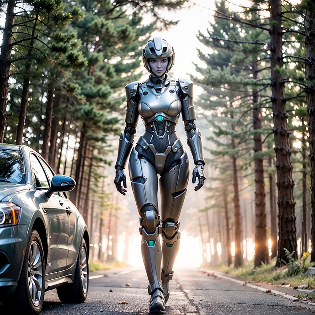  ultra high quality photo, real shot, Post apocalyptic desert town, a woman standing in front of a mechanical suit giant size robot mechanical suit, The woman is wearing white mechanical suit and appears to be the main focus of the scene, The robot is white and gray, The woman and the robot are the only two subjects in the image, woman beauty face, huge breast, huge ass, perfect body, background depicts a forest scene with several old cars and trucks parked among the trees. The vehicles are in various states of disrepair, with some appearing rusty and abandoned. hyperrealistic, full body, detailed clothing, highly detailed, cinematic lighting, stunningly beautiful, intricate, sharp focus, f/1. 8, 85mm, (centered image composition), (professionally color graded), ((bright soft diffused light)), volumetric fog, trending on instagram, trending on tumblr, HDR 4K, 8K