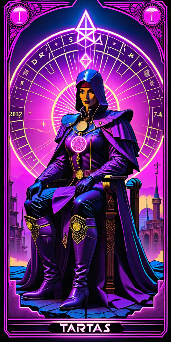  neonpunk style The Tarot Card of the King of Pentacles. . cyberpunk, vaporwave, neon, vibes, vibrant, stunningly beautiful, crisp, detailed, sleek, ultramodern, magenta highlights, dark purple shadows, high contrast, cinematic, ultra detailed, intricate, professional hyperrealistic, full body, detailed clothing, highly detailed, cinematic lighting, stunningly beautiful, intricate, sharp focus, f/1. 8, 85mm, (centered image composition), (professionally color graded), ((bright soft diffused light)), volumetric fog, trending on instagram, trending on tumblr, HDR 4K, 8K