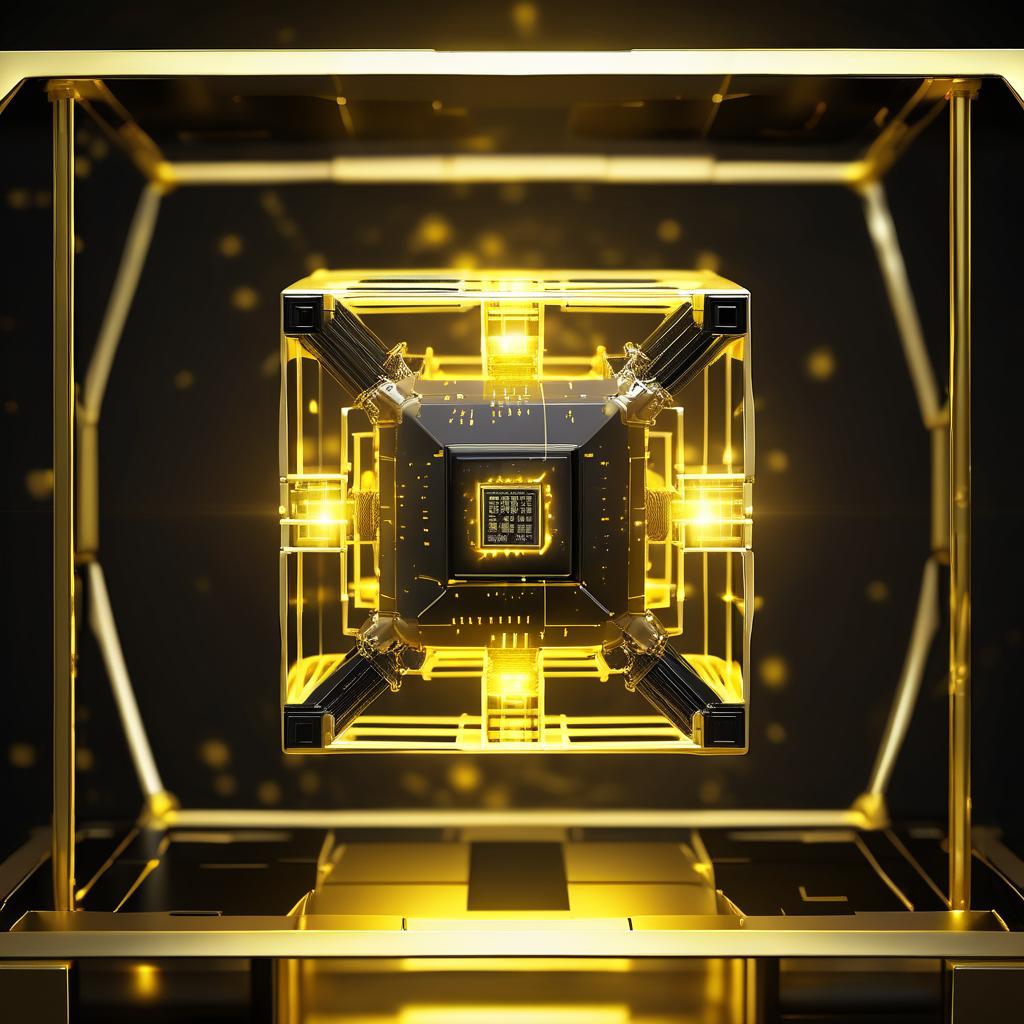  Quantum computer concept for AI, correct form, golden cube, black background, glowing, rays, yellow rays, concept art, cybernetics, AI