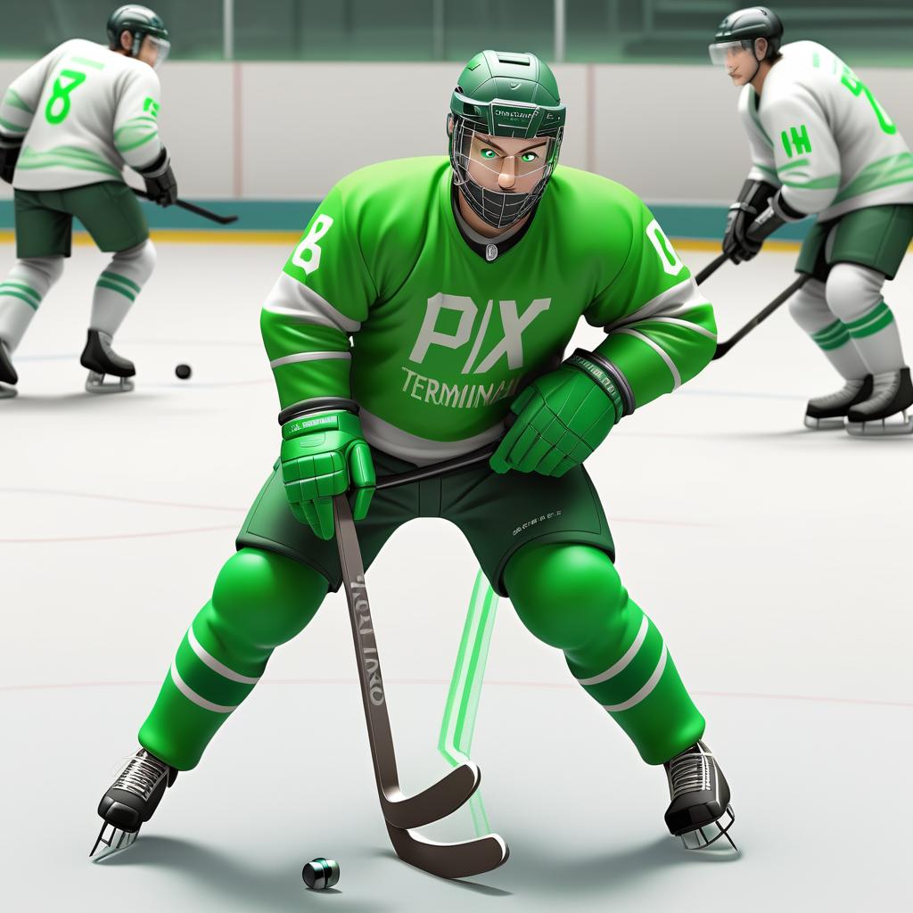  Translator writes confidential code in green letters with POSIX terminal while playing hockey and wearing tight clothing.