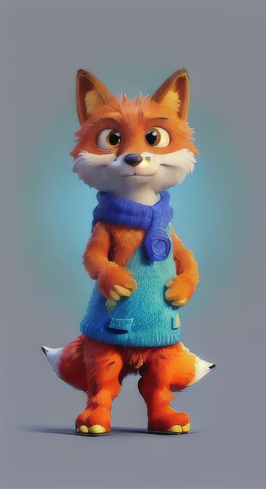  {Error the fox pressing the blue button with his paw, looking puzzled as nothing occurs., Error is a small, bright orange fox with a fluffy tail and big, inquisitive eyes. He has a mischievous yet kind expression and wears a tiny green scarf.