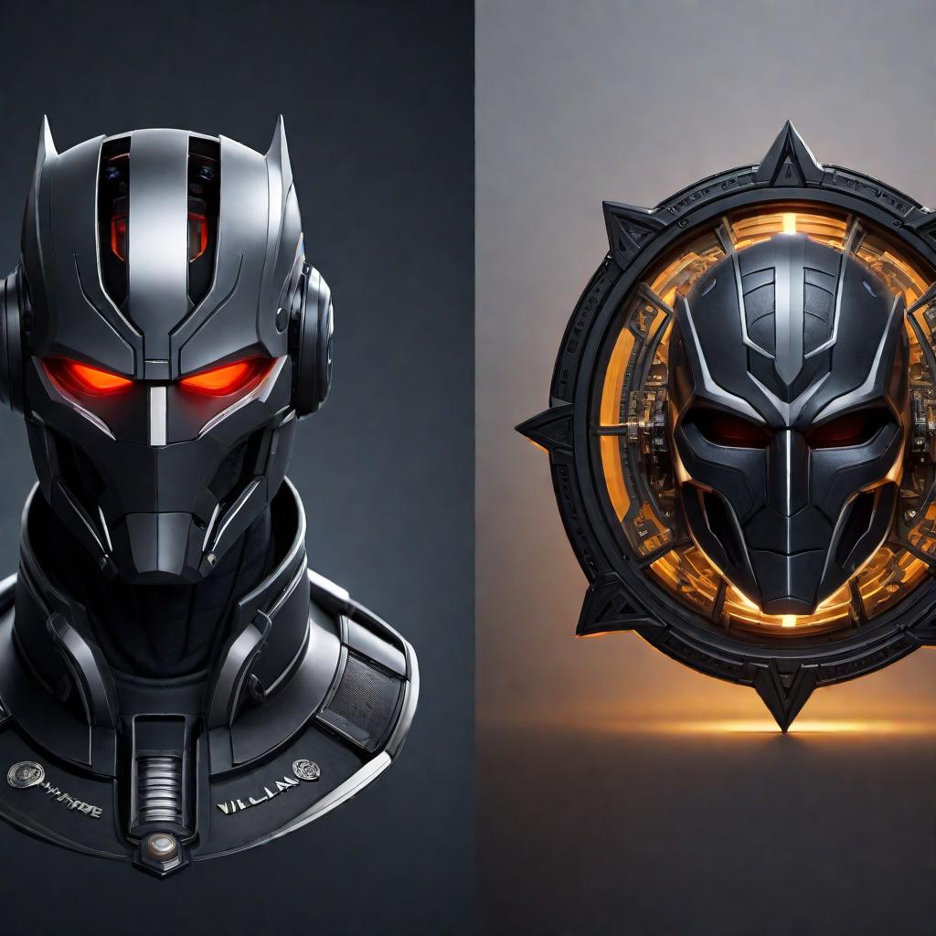  Create a logo design for an AI villains theme for a business card. The design should convey a sense of sophistication and intrigue, incorporating elements that symbolize artificial intelligence and villainous traits. Use dark colors and sleek, modern shapes to create a unique and memorable logo. hyperrealistic, full body, detailed clothing, highly detailed, cinematic lighting, stunningly beautiful, intricate, sharp focus, f/1. 8, 85mm, (centered image composition), (professionally color graded), ((bright soft diffused light)), volumetric fog, trending on instagram, trending on tumblr, HDR 4K, 8K