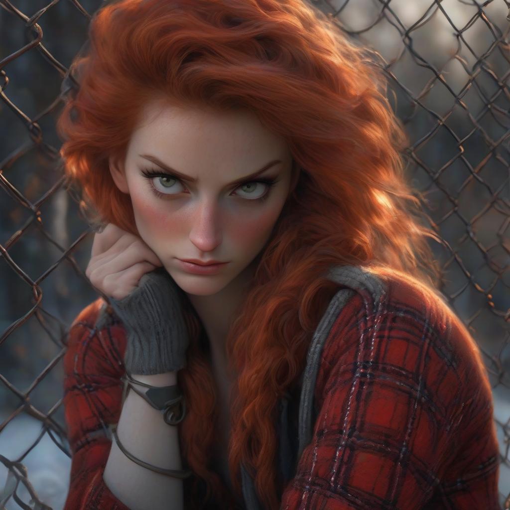  texture Sad girl with red hair and gray eyes, handcuffed, red plaid shirt, jeans, on the background of the grid, winter, cold, maximum realistic detailed image, realistic proportions, slender figure, carefully detailed face, carefully detailed anatomically correct hands, maximum detail, hyperrealism top down close up hyperrealistic, full body, detailed clothing, highly detailed, cinematic lighting, stunningly beautiful, intricate, sharp focus, f/1. 8, 85mm, (centered image composition), (professionally color graded), ((bright soft diffused light)), volumetric fog, trending on instagram, trending on tumblr, HDR 4K, 8K