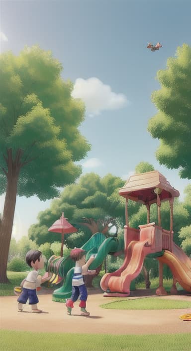  {Children playing in a sunny park with swings and slides., Same group of happy children, now wearing casual play clothes.