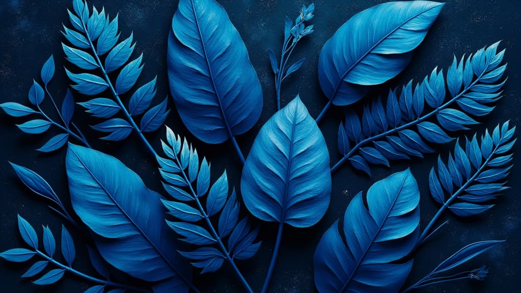  good quality, high quality, collection of blue tropical leaves and foliage plants set against a cosmic space background.