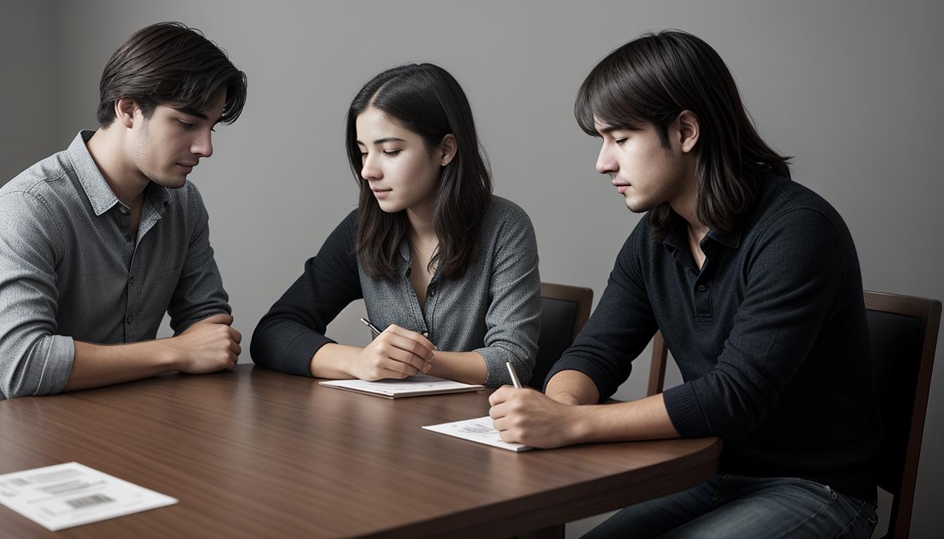  digital illustration, Two people sitting across from each other at a table, leaning in, engaged interaction, psychological investment, heightened interest, looking at viewer, dynamic pose, (intricate details, masterpiece, best quality)