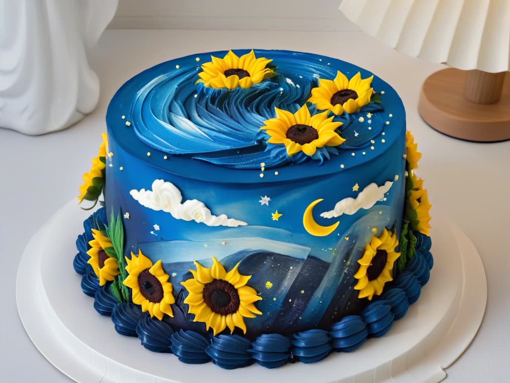  A photorealistic image of a vibrant, intricately decorated cake inspired by Vincent van Gogh's "Starry Night" painting. The cake features swirling blue and yellow frosting reminiscent of the night sky in the artwork, with edible sunflowers adorning the top layer. The colors are rich and vivid, capturing the essence of Van Gogh's iconic style in a delicious dessert form. hyperrealistic, full body, detailed clothing, highly detailed, cinematic lighting, stunningly beautiful, intricate, sharp focus, f/1. 8, 85mm, (centered image composition), (professionally color graded), ((bright soft diffused light)), volumetric fog, trending on instagram, trending on tumblr, HDR 4K, 8K