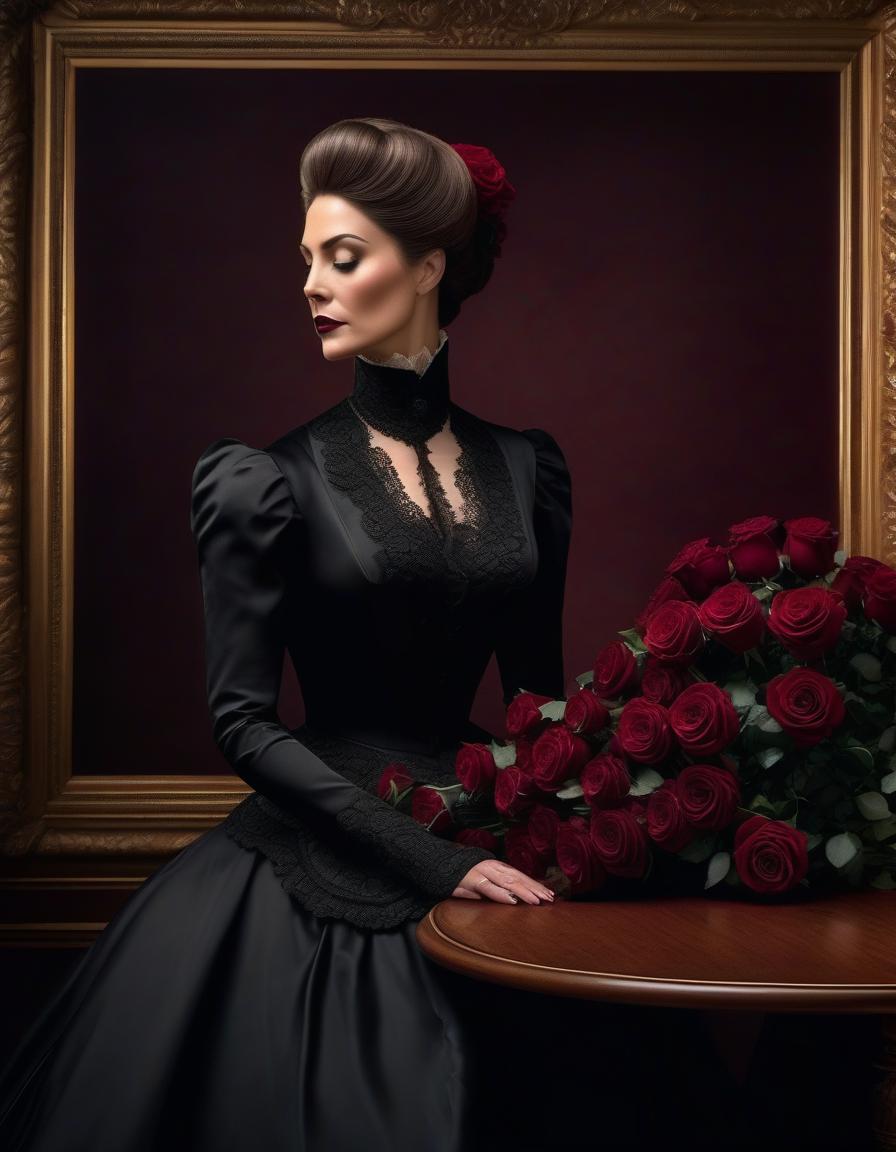  A Victorian beauty in mourning wearing a black dress with a bouquet of burgundy roses from the 1870s, a rose bouquet placed on a table. hyperrealistic, full body, detailed clothing, highly detailed, cinematic lighting, stunningly beautiful, intricate, sharp focus, f/1. 8, 85mm, (centered image composition), (professionally color graded), ((bright soft diffused light)), volumetric fog, trending on instagram, trending on tumblr, HDR 4K, 8K