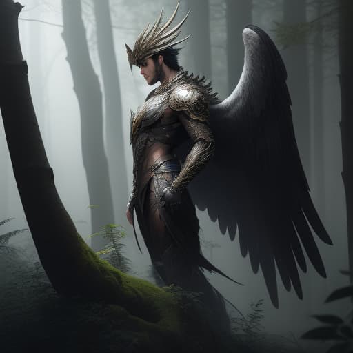  In a dark wood one mysterious beautiful man with wings on his back hyperrealistic, full body, detailed clothing, highly detailed, cinematic lighting, stunningly beautiful, intricate, sharp focus, f/1. 8, 85mm, (centered image composition), (professionally color graded), ((bright soft diffused light)), volumetric fog, trending on instagram, trending on tumblr, HDR 4K, 8K