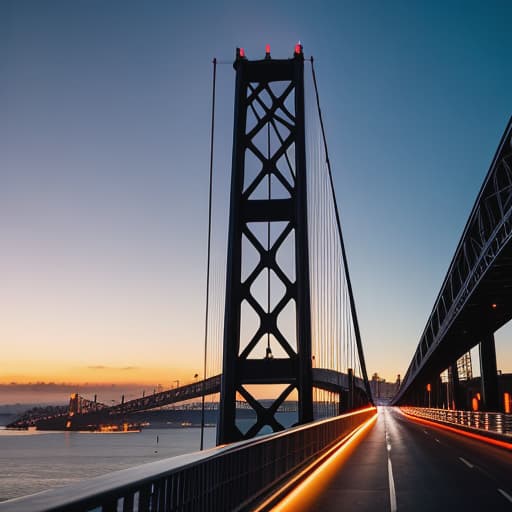  Bay bridge oakland California night sunset hours Apply the Following Styles Cyberpunk, Cinematic hyperrealistic, full body, detailed clothing, highly detailed, cinematic lighting, stunningly beautiful, intricate, sharp focus, f/1. 8, 85mm, (centered image composition), (professionally color graded), ((bright soft diffused light)), volumetric fog, trending on instagram, trending on tumblr, HDR 4K, 8K