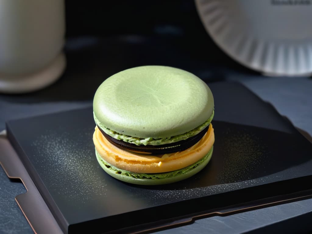  A closeup, ultradetailed image of a delicate, intricately designed macaron resting on a sleek, modern, matte black plate. The macaron's smooth surface glistens under soft, natural lighting, showcasing its perfectly crisp shell and luscious, creamy center. Each vibrant color and subtle flavor are expertly captured, highlighting the precision and artistry involved in global dessert innovations. hyperrealistic, full body, detailed clothing, highly detailed, cinematic lighting, stunningly beautiful, intricate, sharp focus, f/1. 8, 85mm, (centered image composition), (professionally color graded), ((bright soft diffused light)), volumetric fog, trending on instagram, trending on tumblr, HDR 4K, 8K