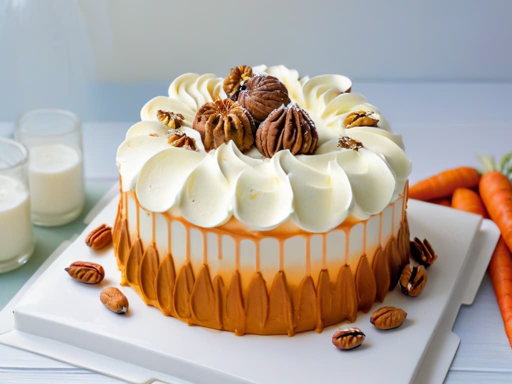  A closeup, ultradetailed image of a creamy, perfectly spread vegan cream cheese frosting being delicately swirled onto a freshly baked vegan carrot cake. The frosting is smooth, with a glossy finish, and the cake is moist and rich, adorned with a few scattered walnut pieces on top. The lighting is soft, highlighting the texture of the frosting and the goldenbrown edges of the cake, creating a mouthwatering and visually appealing scene that captures the essence of homemade vegan baking. hyperrealistic, full body, detailed clothing, highly detailed, cinematic lighting, stunningly beautiful, intricate, sharp focus, f/1. 8, 85mm, (centered image composition), (professionally color graded), ((bright soft diffused light)), volumetric fog, trending on instagram, trending on tumblr, HDR 4K, 8K