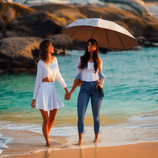  Two girls on the beach hyperrealistic, full body, detailed clothing, highly detailed, cinematic lighting, stunningly beautiful, intricate, sharp focus, f/1. 8, 85mm, (centered image composition), (professionally color graded), ((bright soft diffused light)), volumetric fog, trending on instagram, trending on tumblr, HDR 4K, 8K