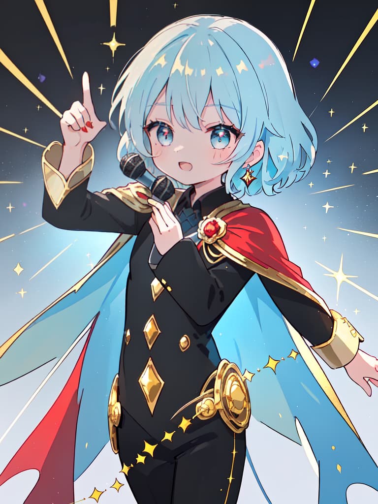  Masterpiece,(((one boy)))1.5,cute,delicate light blue hair color,shiny hair color,Blake,small crown on head,gold pattern on background,jewelry,shimmering,(((short red cape))),{{ (((black suit)))1.5,gorgeous,gold lamé}},Blake,holding microphone,dancing,(((singing,speaking ♪♬))),best smile,Standing on stage,spotlight,super high quality,super precise,super precise,super precise,super precise,super analytical,16K, masterpiece, best quality,8k,ultra detailed,high resolution,an extremely delicate and beautiful,hyper detail