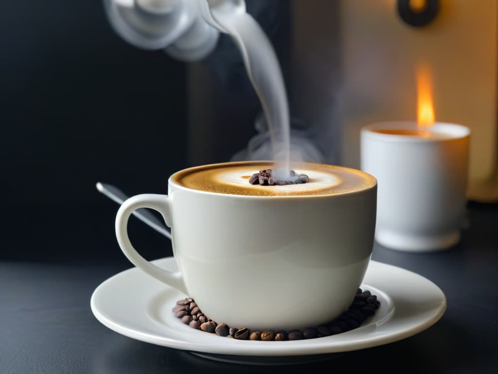  A closeup, ultradetailed image of a steaming cup of rich espresso coffee, delicately balanced on a saucer with a spoon resting beside it. The dark, aromatic coffee contrasts beautifully with the pristine white cup, showcasing the crema on top. The background is softly blurred, emphasizing the elegance and simplicity of the moment, evoking a sense of sophistication and indulgence. hyperrealistic, full body, detailed clothing, highly detailed, cinematic lighting, stunningly beautiful, intricate, sharp focus, f/1. 8, 85mm, (centered image composition), (professionally color graded), ((bright soft diffused light)), volumetric fog, trending on instagram, trending on tumblr, HDR 4K, 8K