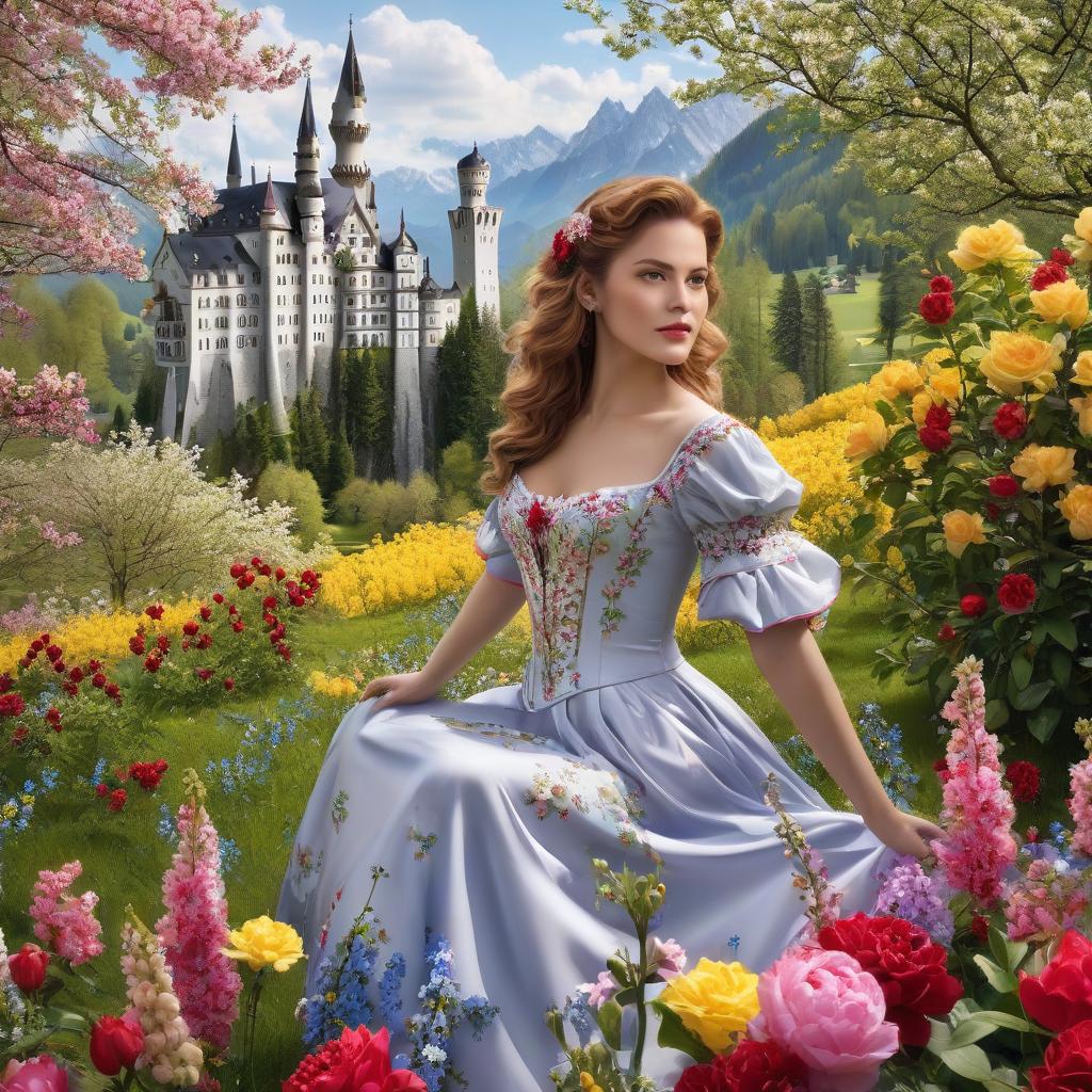  Neuschwanstein. ((Sparkling rim)): spring field, hyacinths, roses, rosehips, rose hips, peonies, cherry tree, yellow, red, black flowers, forget me nots. hyperrealistic, full body, detailed clothing, highly detailed, cinematic lighting, stunningly beautiful, intricate, sharp focus, f/1. 8, 85mm, (centered image composition), (professionally color graded), ((bright soft diffused light)), volumetric fog, trending on instagram, trending on tumblr, HDR 4K, 8K