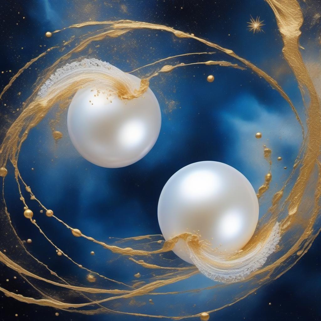  Two pearl threads, in a white blue radiance, dance in the air wriggling, against the background of cosmic galaxies, in gold, blue, with black stains color.Style expressionism