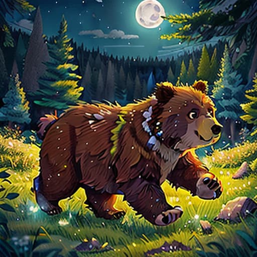  a bear is running through the field, grass, trees. night sky with moonlight