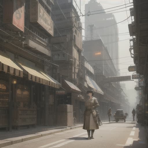 mature female, (dieselpunk atmosphere:1.2), big, engines, mechanisms, tube computers, machines, pipes, wires, on street, (close shot),