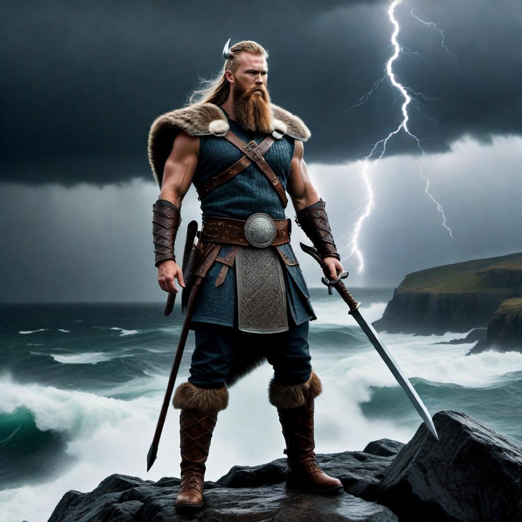  Generate an image of a mystical viking standing on a cliff overlooking a stormy sea. The viking should have glowing runes on his armor and a magical glowing sword. The background should feature lightning strikes and a dark, ominous sky. hyperrealistic, full body, detailed clothing, highly detailed, cinematic lighting, stunningly beautiful, intricate, sharp focus, f/1. 8, 85mm, (centered image composition), (professionally color graded), ((bright soft diffused light)), volumetric fog, trending on instagram, trending on tumblr, HDR 4K, 8K