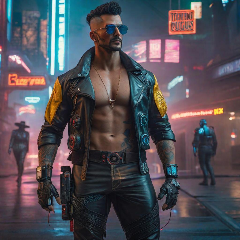  Cyberpunk guy's birthday 2077 hyperrealistic, full body, detailed clothing, highly detailed, cinematic lighting, stunningly beautiful, intricate, sharp focus, f/1. 8, 85mm, (centered image composition), (professionally color graded), ((bright soft diffused light)), volumetric fog, trending on instagram, trending on tumblr, HDR 4K, 8K