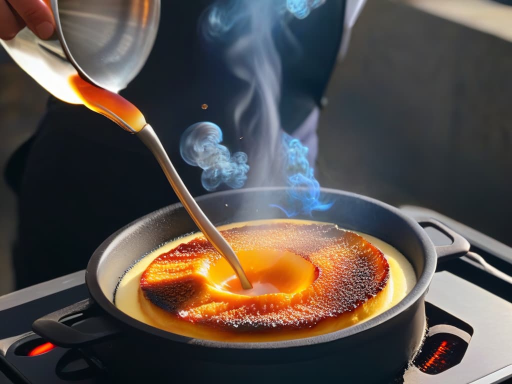  An ultradetailed closeup image of a perfectly goldenbrown crème brûlée being torched, showcasing the caramelization process with mesmerizing precision. The torch flame delicately dances over the surface, creating a symphony of color gradients from amber to deep caramel, while the ripples and bubbles in the custard subtly capture the play of light, evoking a sense of culinary artistry and precision. hyperrealistic, full body, detailed clothing, highly detailed, cinematic lighting, stunningly beautiful, intricate, sharp focus, f/1. 8, 85mm, (centered image composition), (professionally color graded), ((bright soft diffused light)), volumetric fog, trending on instagram, trending on tumblr, HDR 4K, 8K