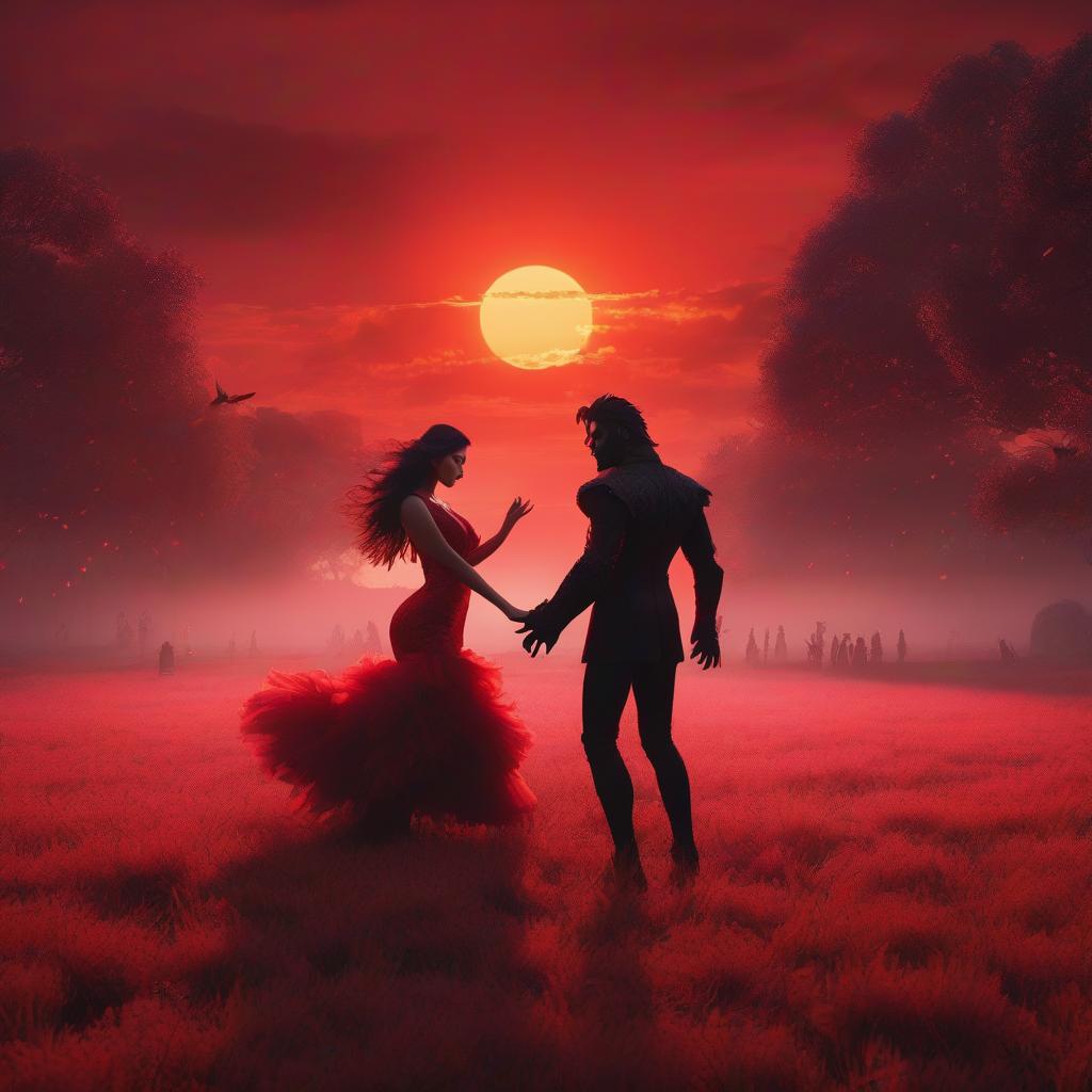  A girl and a demon man are dancing on a field, with a red sunset in the background, anime style. hyperrealistic, full body, detailed clothing, highly detailed, cinematic lighting, stunningly beautiful, intricate, sharp focus, f/1. 8, 85mm, (centered image composition), (professionally color graded), ((bright soft diffused light)), volumetric fog, trending on instagram, trending on tumblr, HDR 4K, 8K