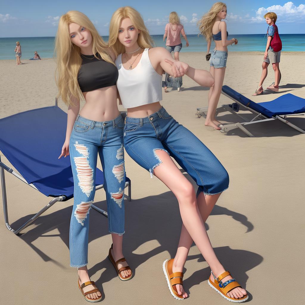  masterpiece, best quality, blonde hair, blue eyes, Crocs, ripped jeans, cute crop top, on the beach