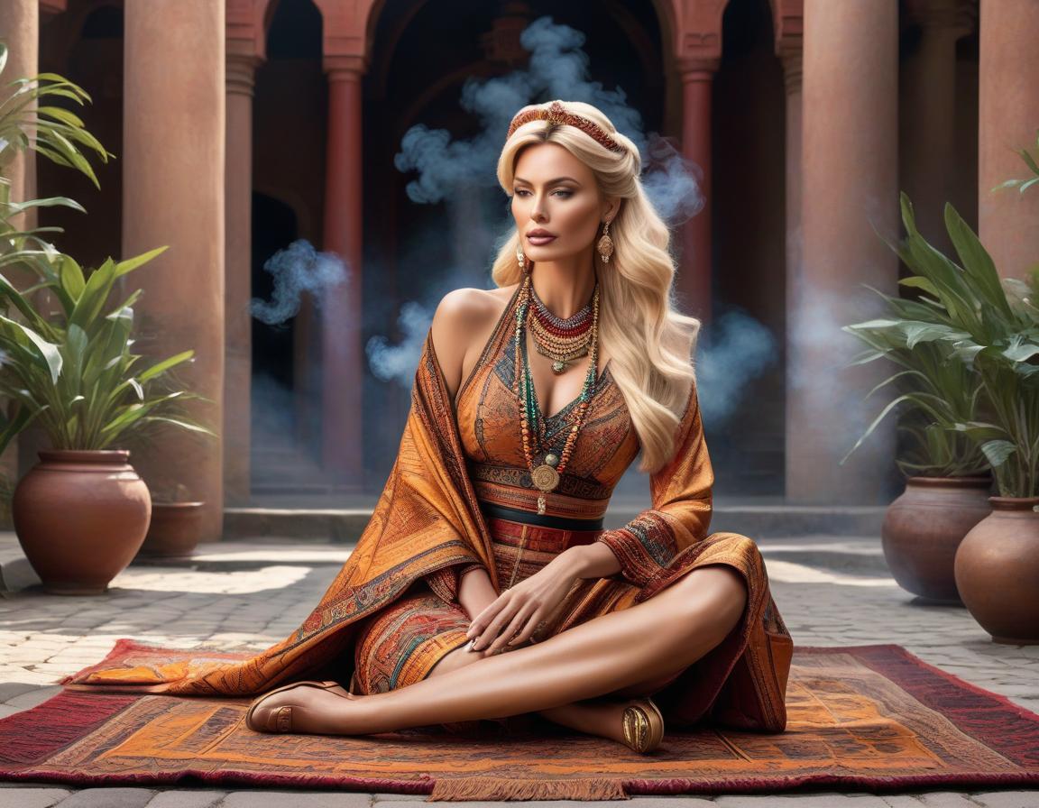  Visual art that portrays a place of invention and adventure, a very detailed and deep image. A blonde woman in ethnic clothing sits in a courtyard on a carpet and holds a smoking cigarette. Use only three colors and their shades. hyperrealistic, full body, detailed clothing, highly detailed, cinematic lighting, stunningly beautiful, intricate, sharp focus, f/1. 8, 85mm, (centered image composition), (professionally color graded), ((bright soft diffused light)), volumetric fog, trending on instagram, trending on tumblr, HDR 4K, 8K