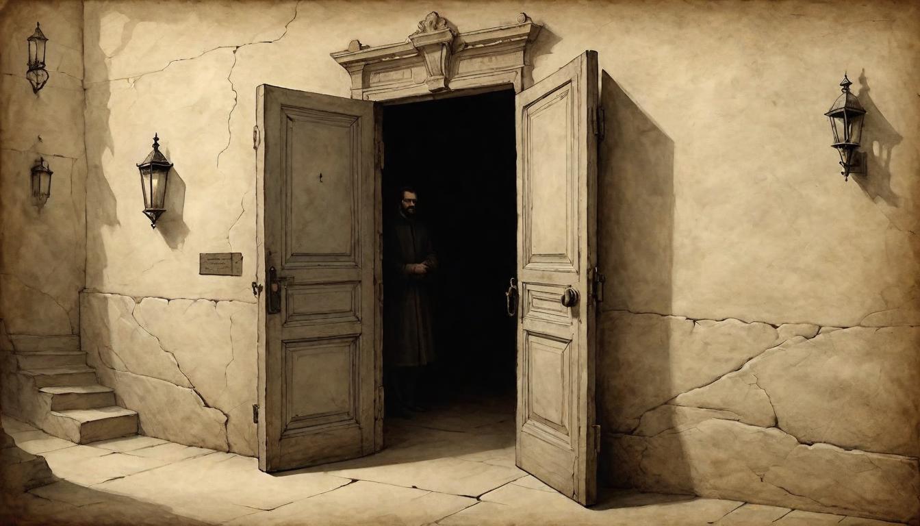  on parchment, surrealism+++, Closed door with muted sounds escaping, shadow figures within excluding one outside, solitude amidst companionship(mysterious, provocative, symbolic,muted color)+++