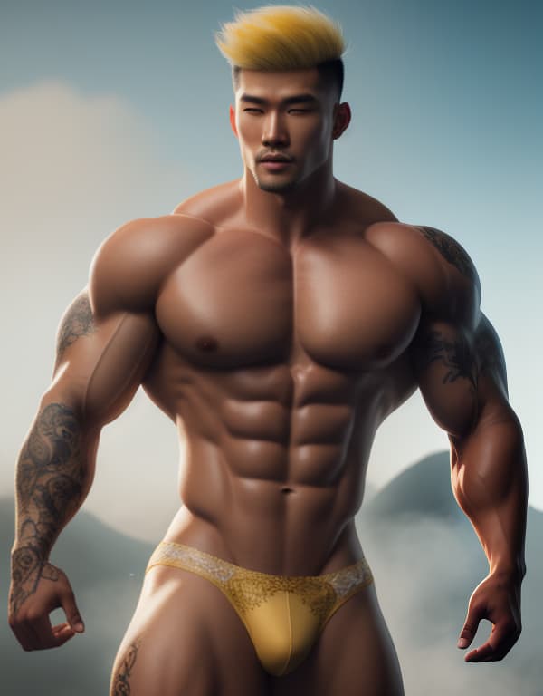  muscle, tattooed Chinese beautiful boy with white lace and yellow hair, lifting his in hill， whole dorsal body，chest hair hyperrealistic, full body, detailed clothing, highly detailed, cinematic lighting, stunningly beautiful, intricate, sharp focus, f/1. 8, 85mm, (centered image composition), (professionally color graded), ((bright soft diffused light)), volumetric fog, trending on instagram, trending on tumblr, HDR 4K, 8K